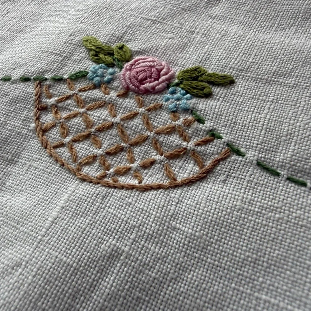 Vtg Embroidered Crochet Dresser Scarf Table Runner Flower Basket 39